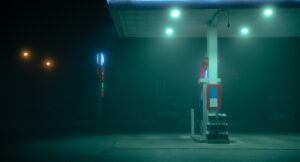 Empty Gas Station During a Foggy Night