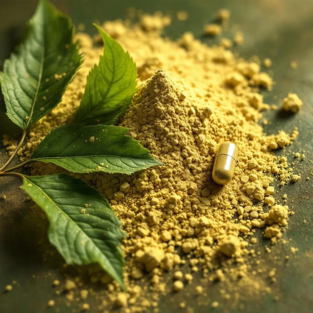 Photo of kratom leaves, powder and capsule