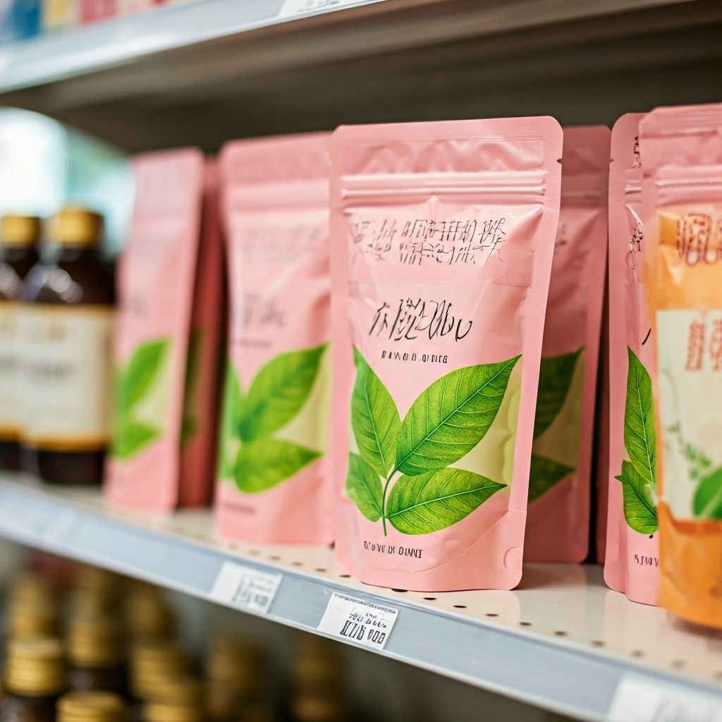 Herbal supplements depicted on shelves in convenience store